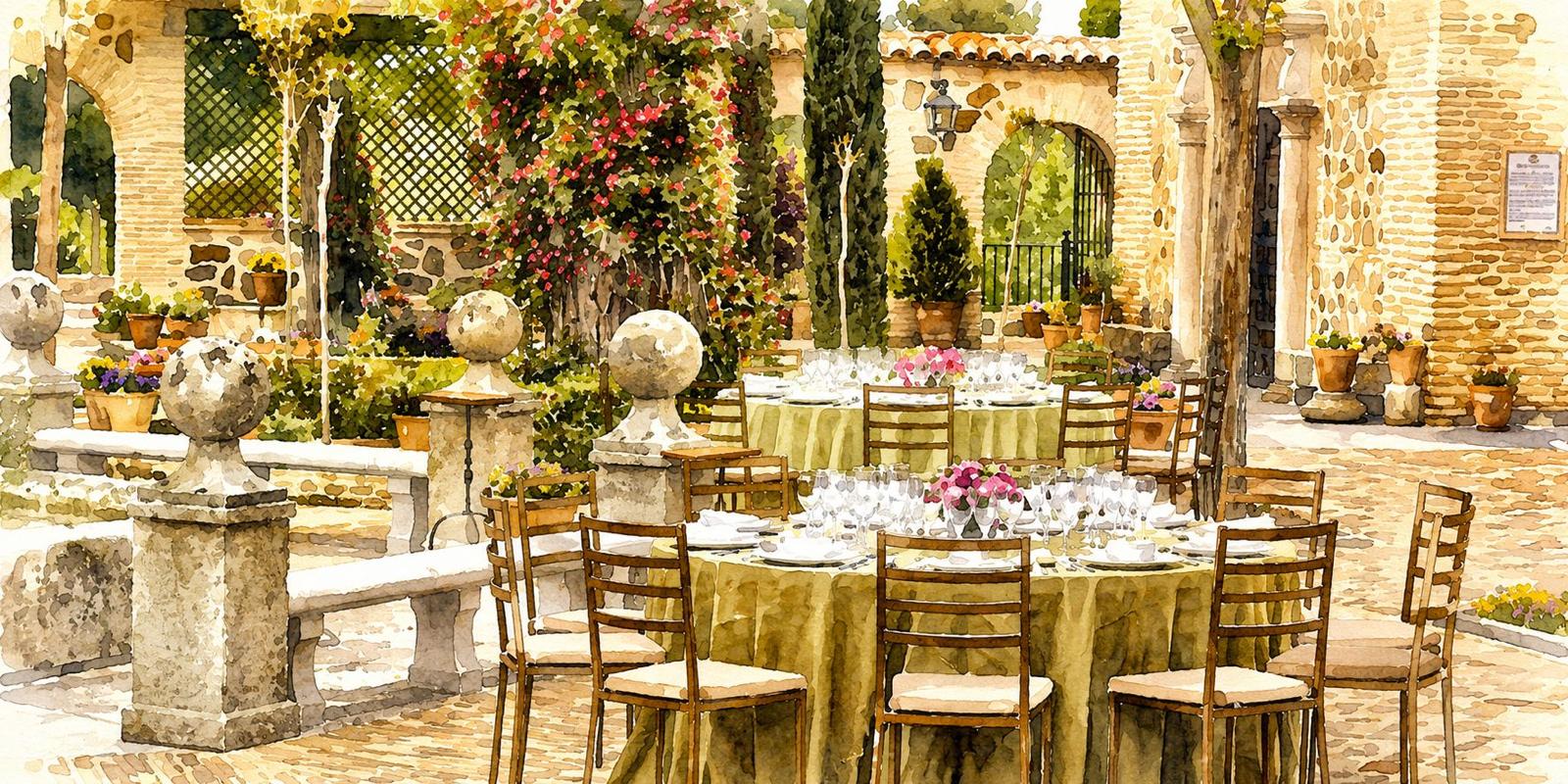 Acuarela del banquete en el patio del Cigarral del Santo Ángel Custodio