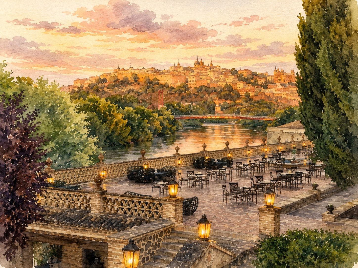 Acuarela de la terraza del Cigarral del Santo Ángel Custodio con Toledo al fondo